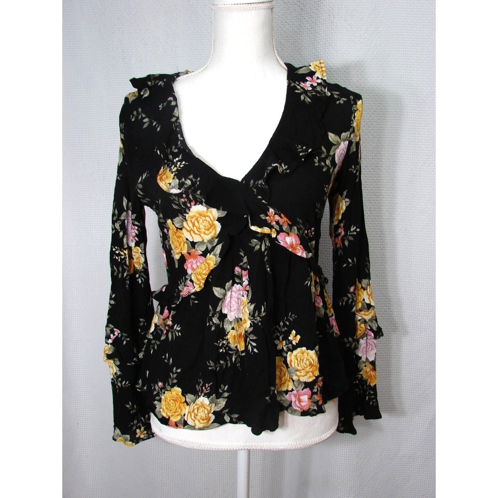 Y2K American Eagle Babydoll Crinkle Top Black Floral Long Sleeve Whimsy Goth S